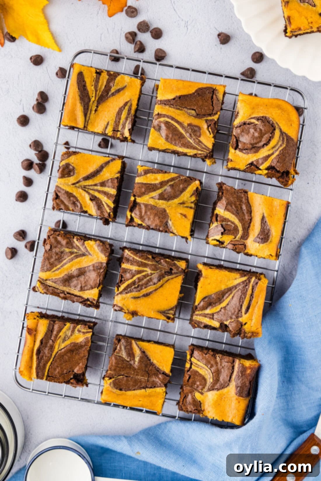 Spiced Pumpkin Swirl Cheesecake Brownies 3 Freshly baked Marbled Pumpkin Cheesecake Brownies cooling on a wire rack