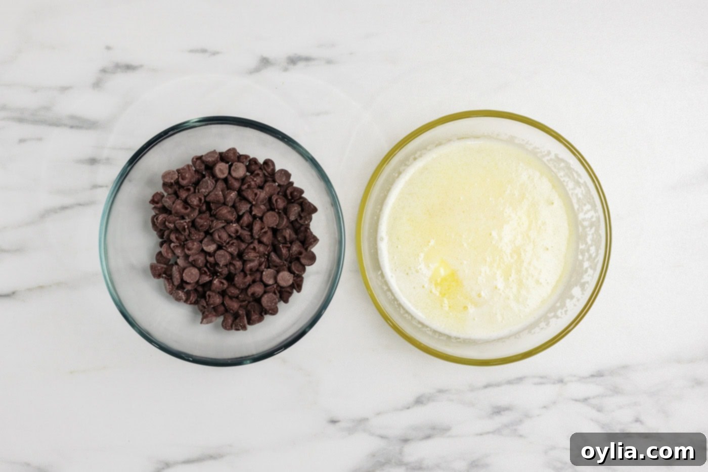 Spiced Pumpkin Swirl Cheesecake Brownies 6 Bowl of melted butter next to a bowl of chocolate chips for the brownie base