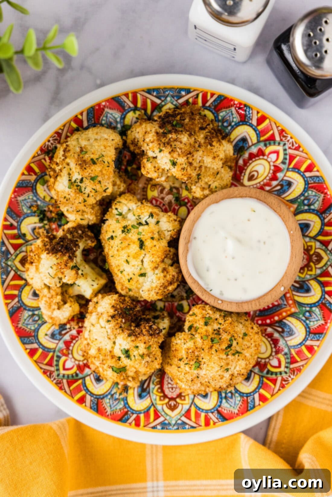 Air Fryer Fried Cauliflower on a plate with ranch