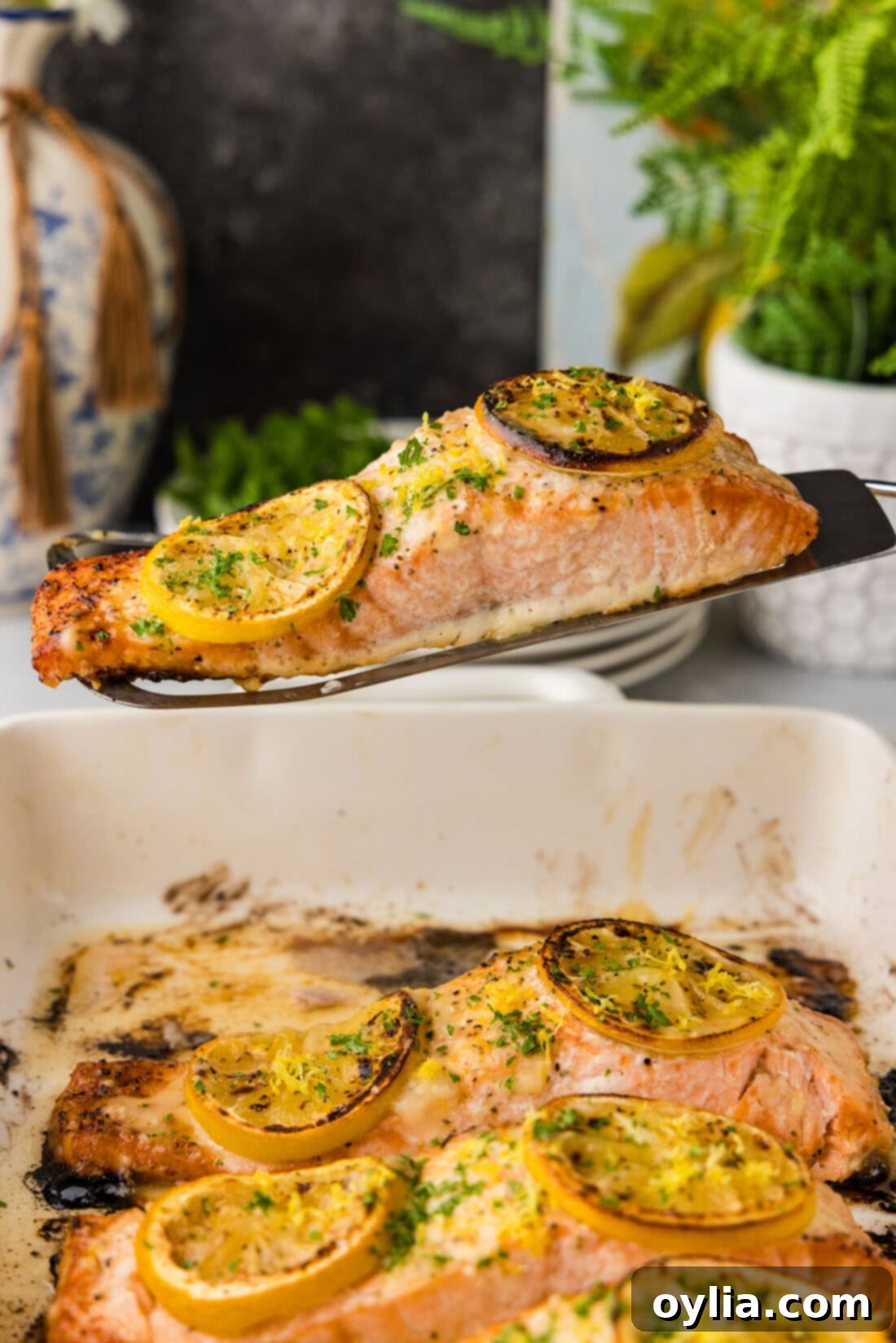 Zesty Baked Salmon 3 Filet of Baked Lemon Salmon held above a baking dish of more salmon