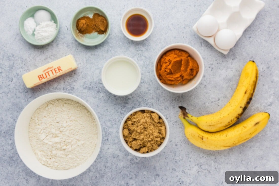 Golden Spiced Pumpkin Banana Loaf 4 Array of fresh ingredients for baking Pumpkin Banana Bread