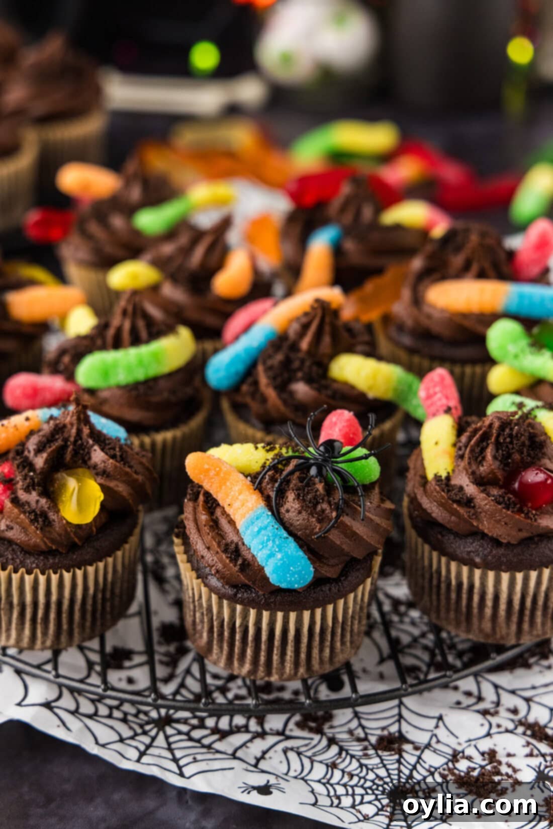 Halloween Dirt Cupcakes on a wire rack