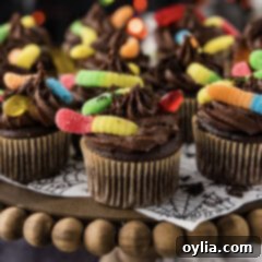 Close up photo of Halloween Dirt Cupcakes on a platter