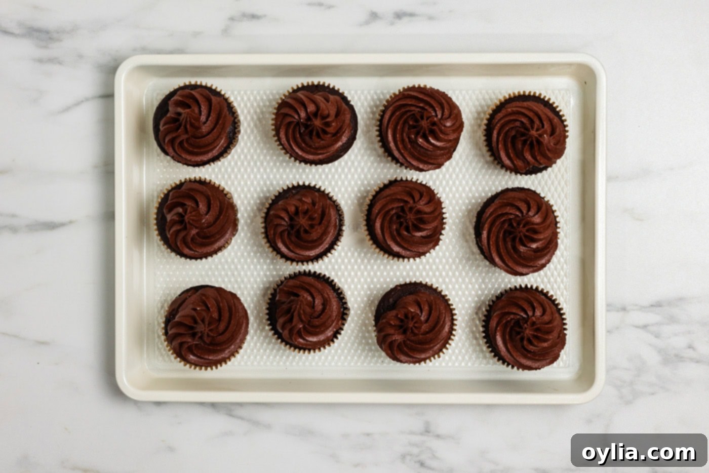 Chocolate frosted cupcakes on a baking sheet