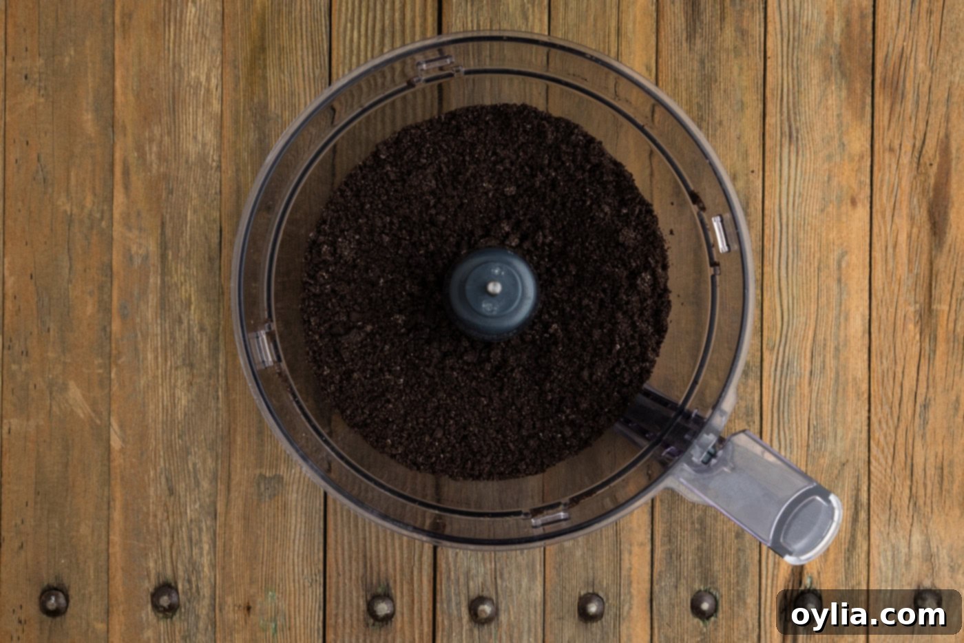 blitzed Oreos in the bowl of a food processor, finely crushed
