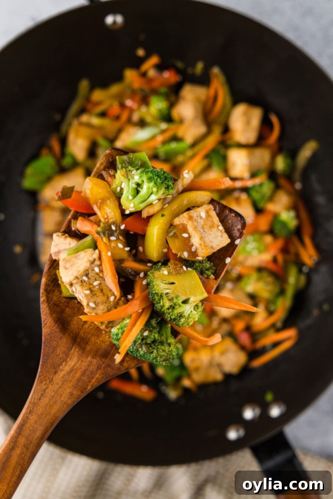 Flavorful Tofu Stir-Fry 3 Spoonful of Tofu Stir Fry held above a wok of Tofu Stir Fry
