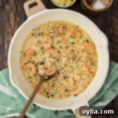 Skillet of Shrimp Risotto with a spoon in it