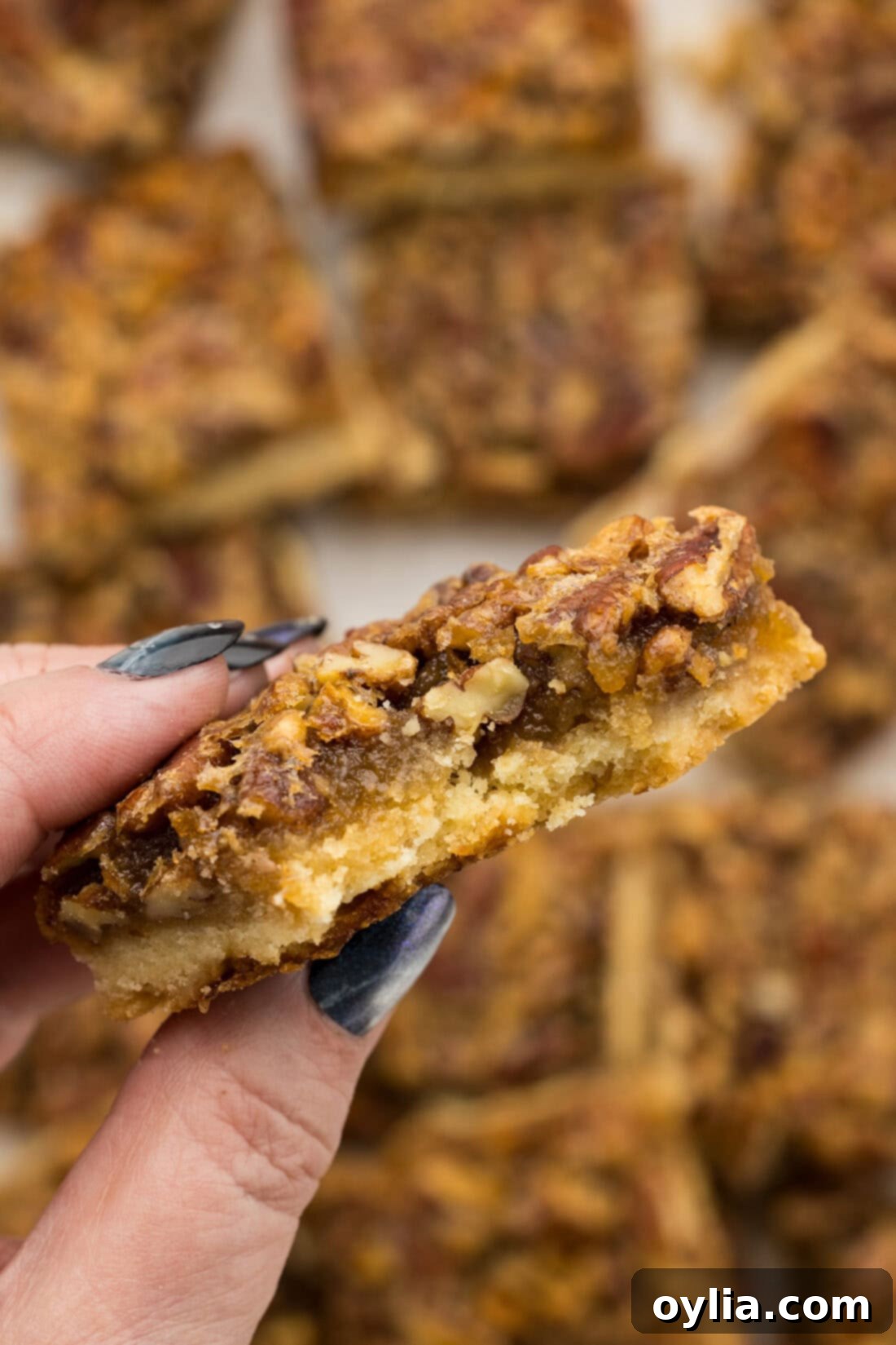 A hand gracefully holding a Pecan Pie Bar, with a small bite removed, showing the luscious filling and crisp crust.