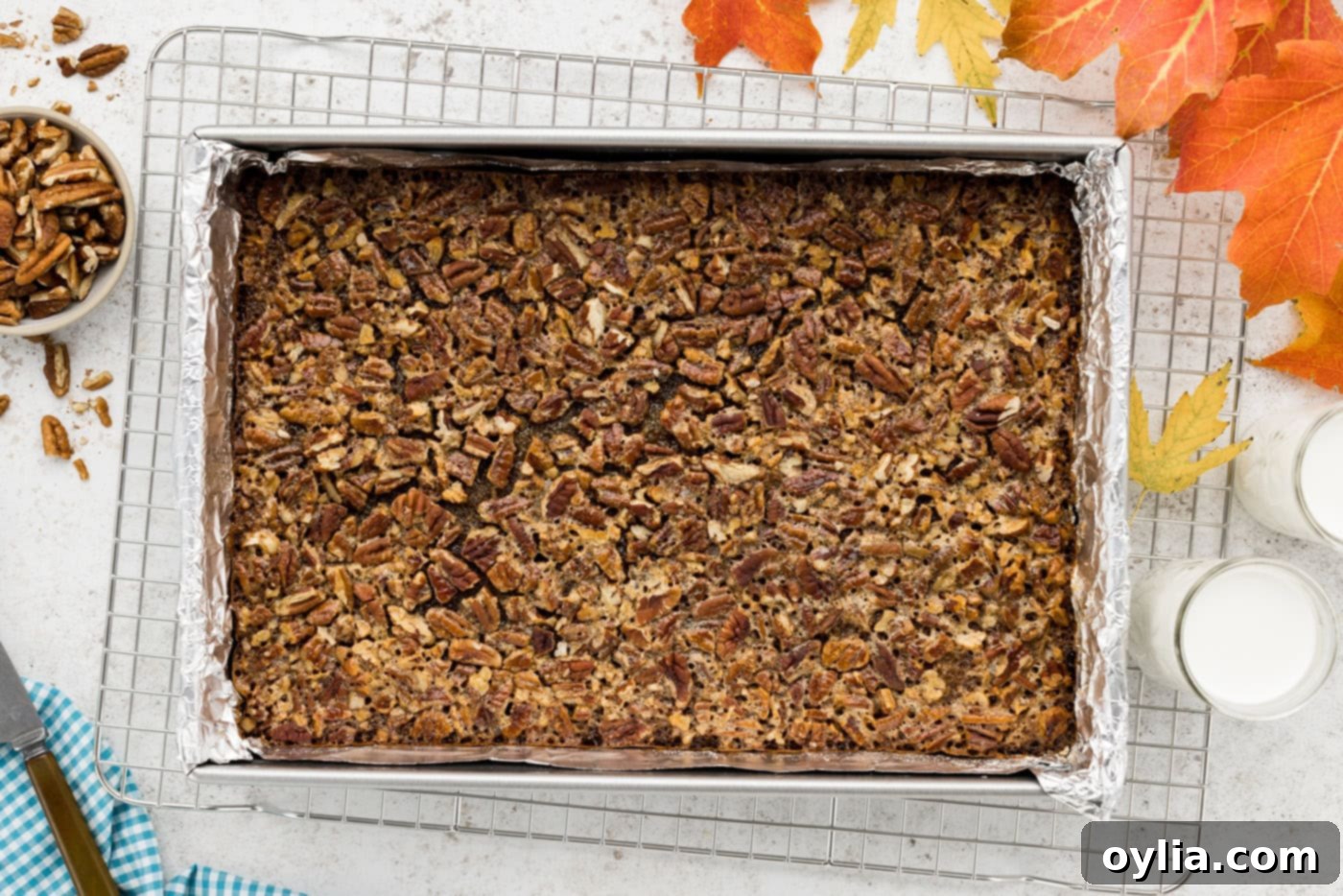 Overhead photo of a pan of freshly baked pecan pie bars, glistening with their sweet, nutty filling.