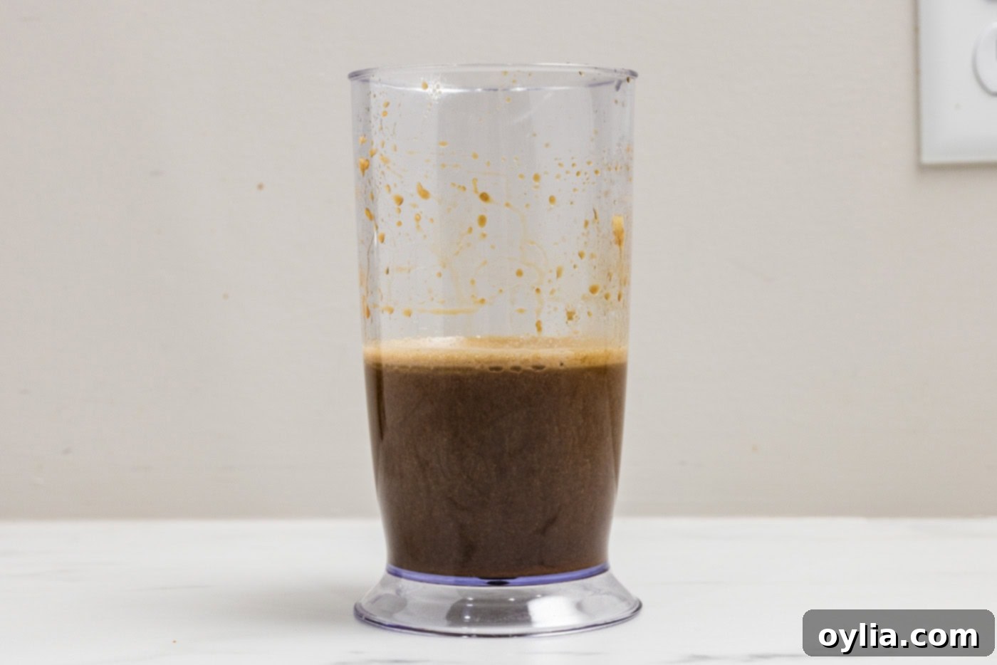 homemade teriyaki sauce blitzed in an immersion blender cup