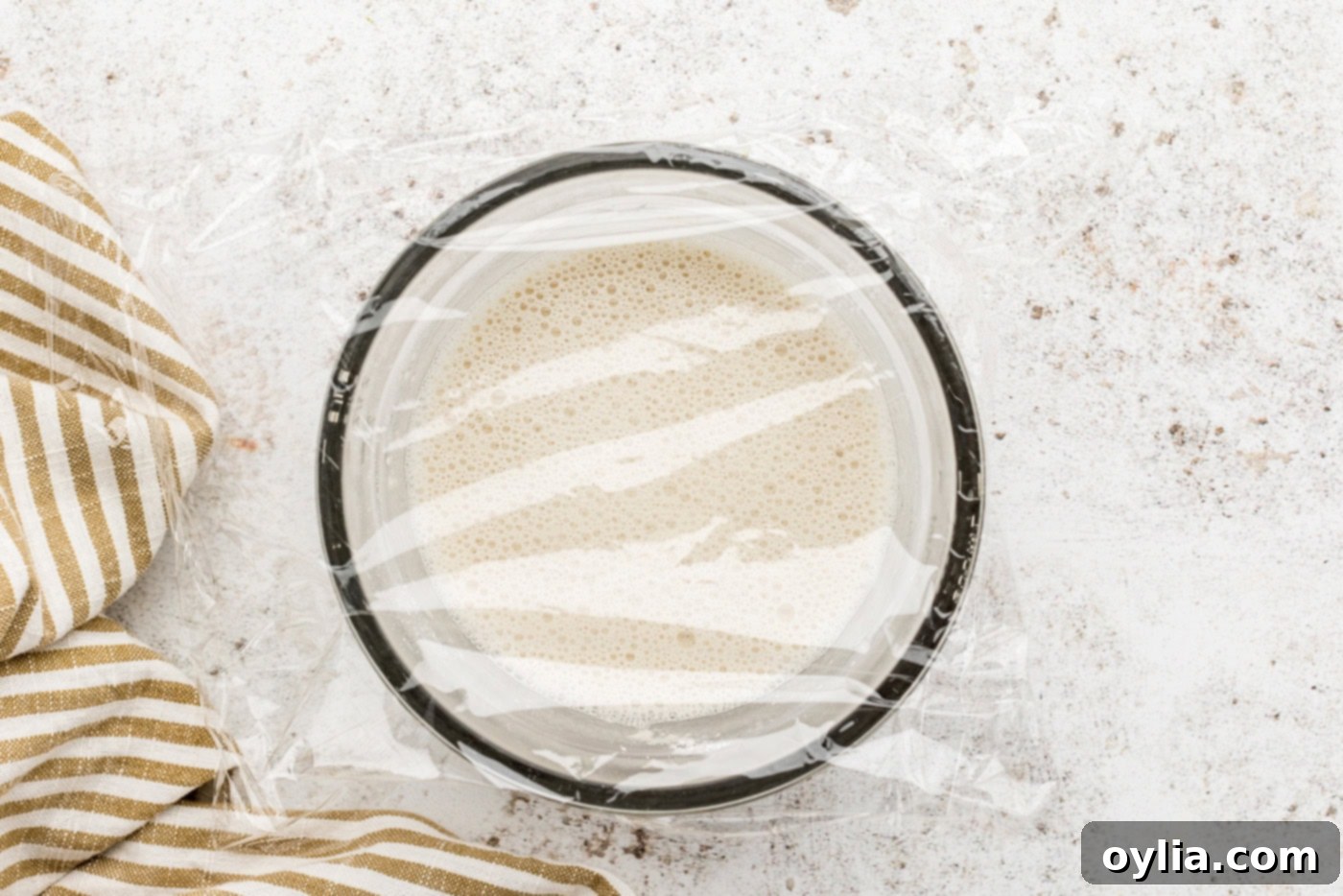 Sponge ingredients in a bowl covered with plastic wrap
