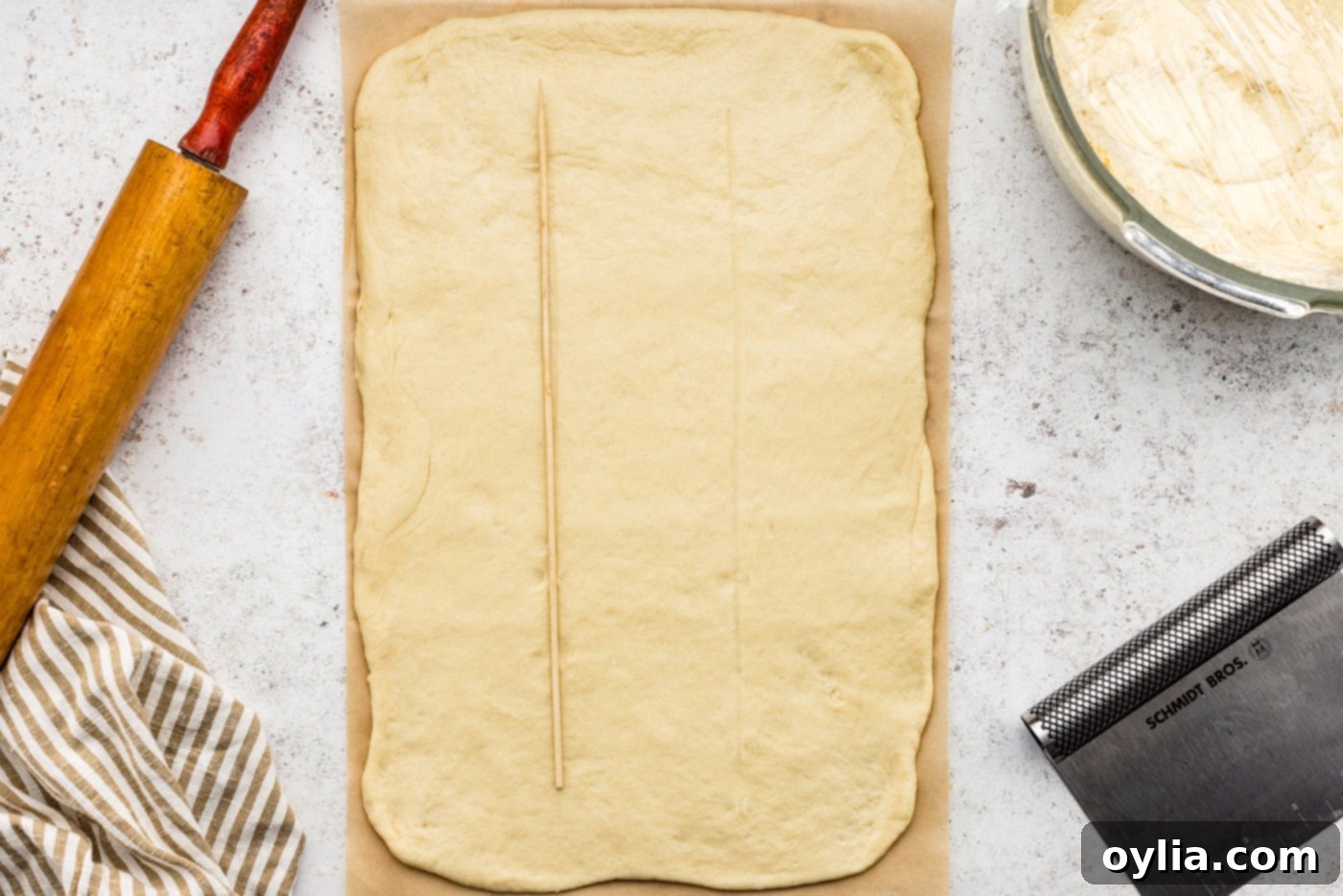 Dough rectangle marked with lines