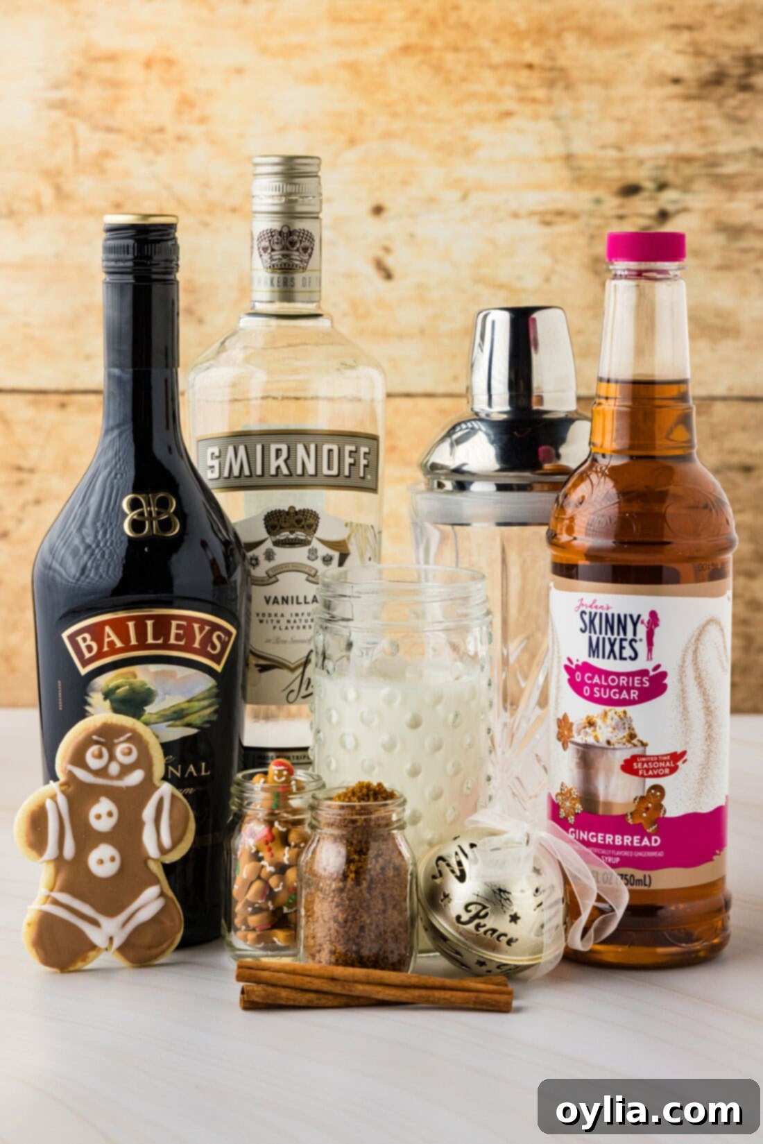 Assorted liquor bottles and holiday-themed ingredients for festive baking and cocktails.