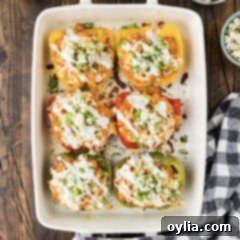 Baking dish of Buffalo Chicken Stuffed Peppers