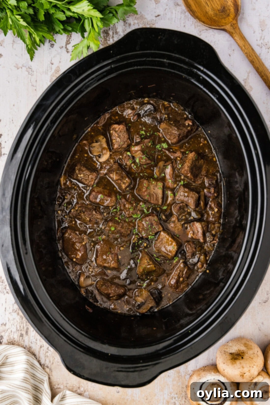 Overhead photo of Crockpot Beef Tips and Gravy