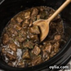 Close up photo of a spatula in a crockpot of Crockpot Beef Tips and Gravy